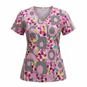 Delta Uniforms Womens Mock Wrap V Neck Scrub Top Pink Black Checkered Design